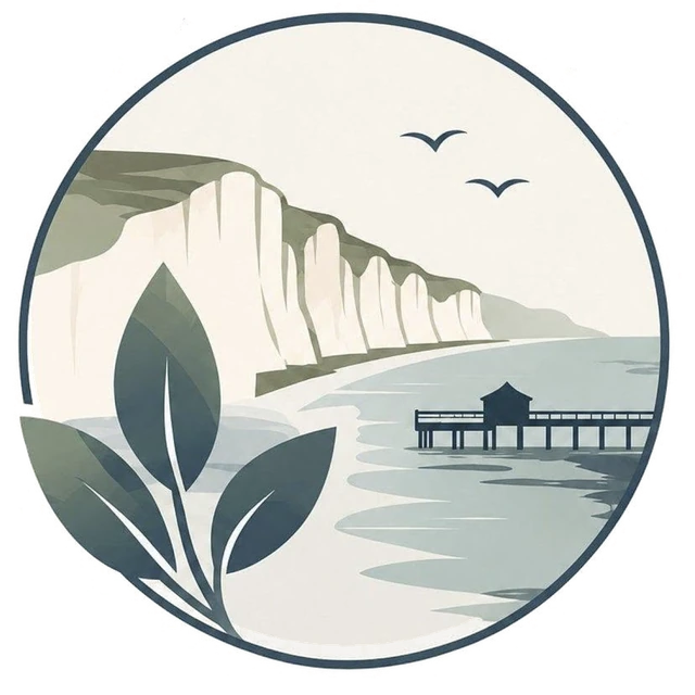 The Sussex Cove Gardening Company emblem: chalk cliffs above a curving beach, the pier out on the sea, and leaves in the foreground